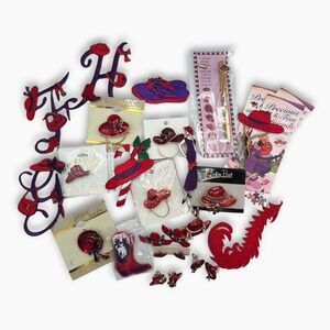 Red Hat Society Lot Brooches Pins Patches Earrings Pen